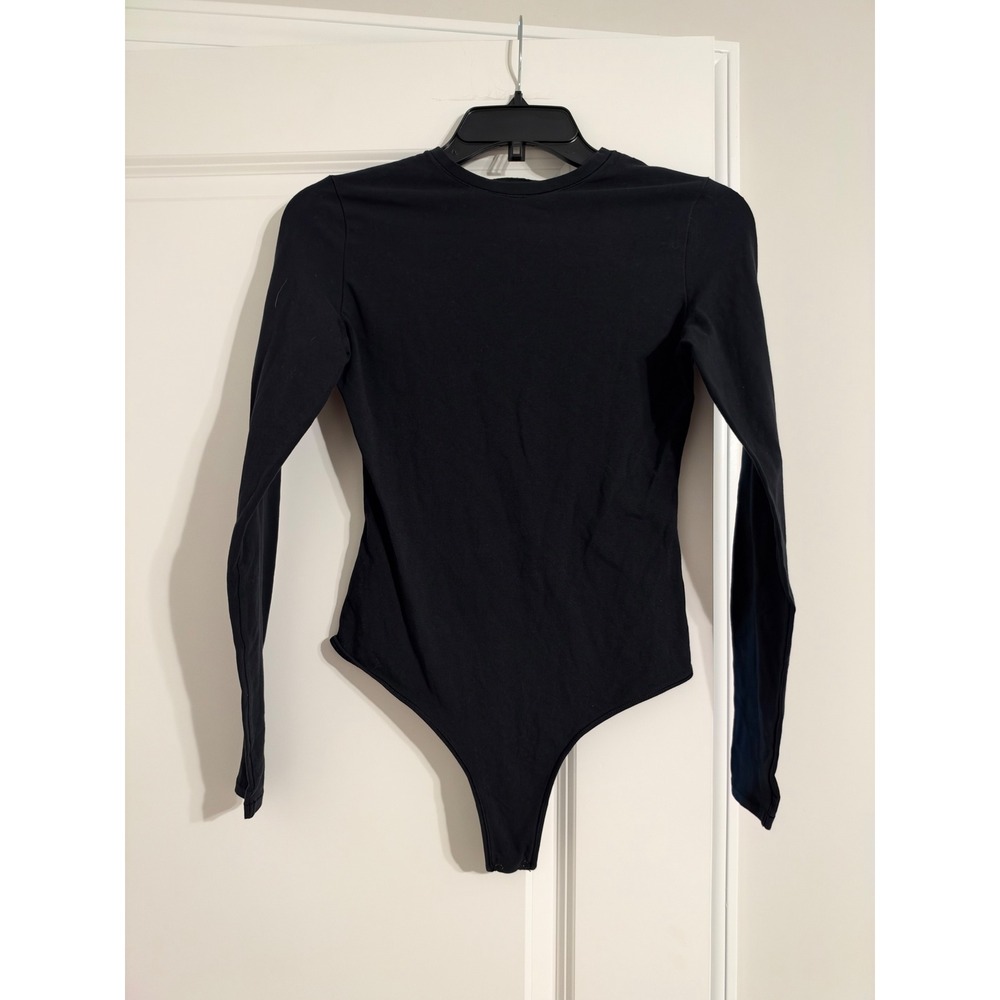 Quince Bodysuit Women M Black Excellent Organic Cotton Long Sleeve Thong Snap